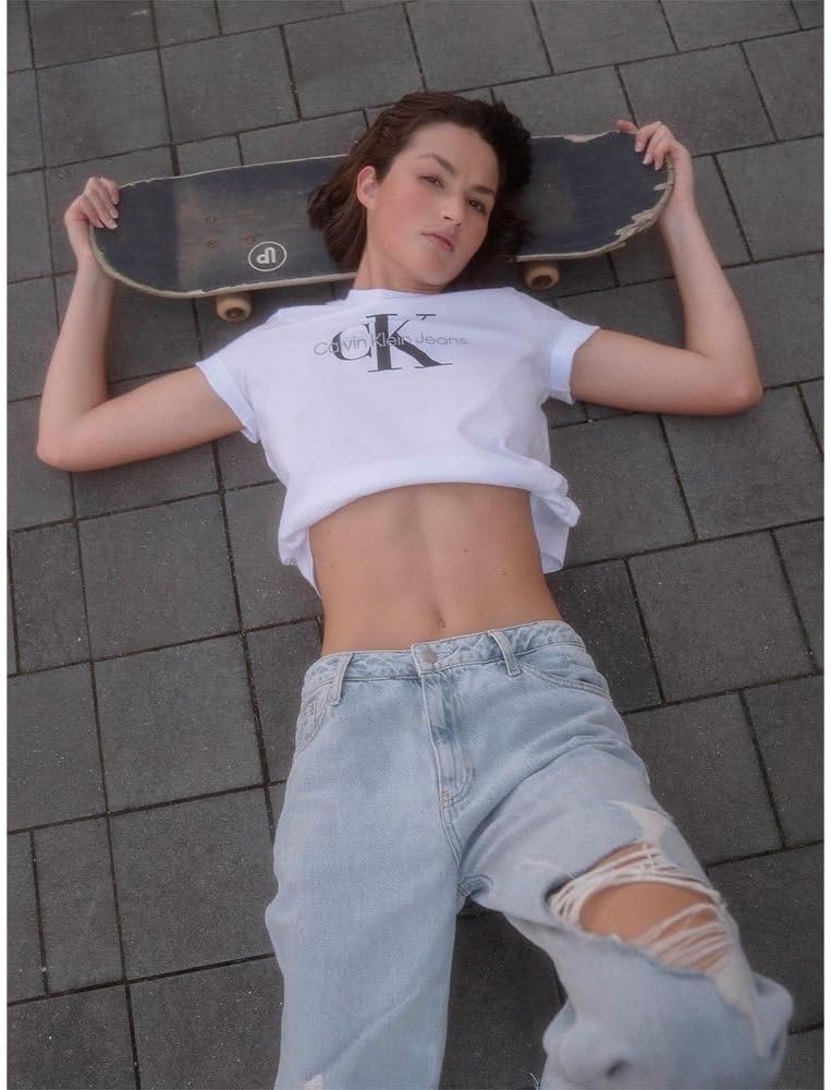 Calvin Klein Damen T-Shirt Kurzarm Core Monologo Rundhalsausschnitt XXL Weiss (Bright White), XXL We