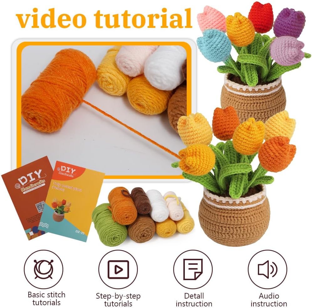 Keboyoe 2 Stück Tulpe Häkelset für Anfänger mit Video Anleitung, Häkeln für Anfänger Set, Diy Häkels