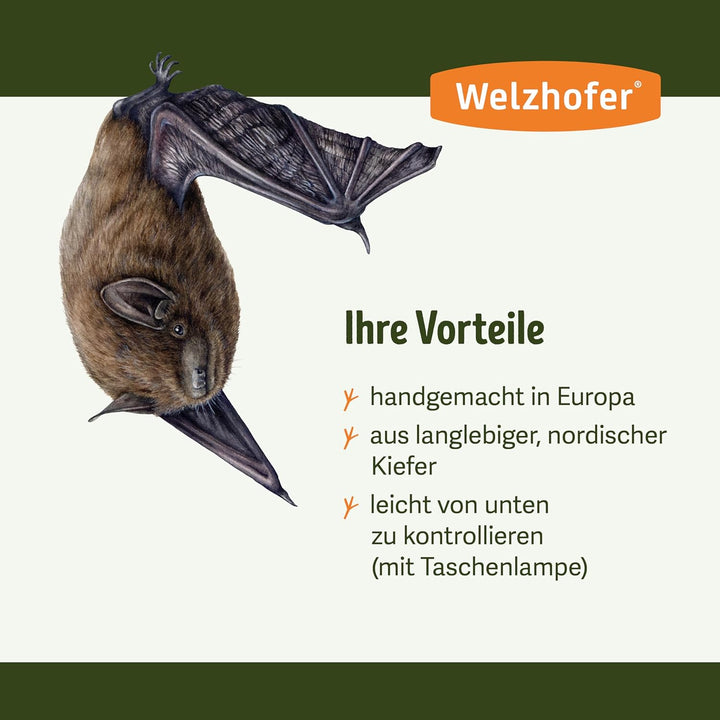 Welzhofer Fledermaus-Flachkasten Lexi, Fledermaushaus aus langlebigem Kiefernholz, geeignet für Zwer