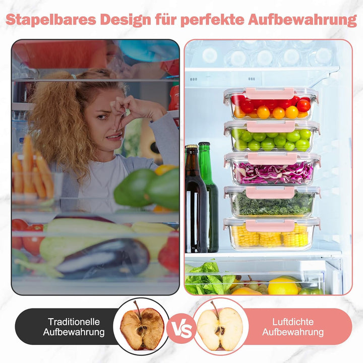 YASHE Glasbehälter mit Deckel, 10 Teile Stapelbar & Luftdicht Meal Prep Boxen Glas für Spülmaschine,