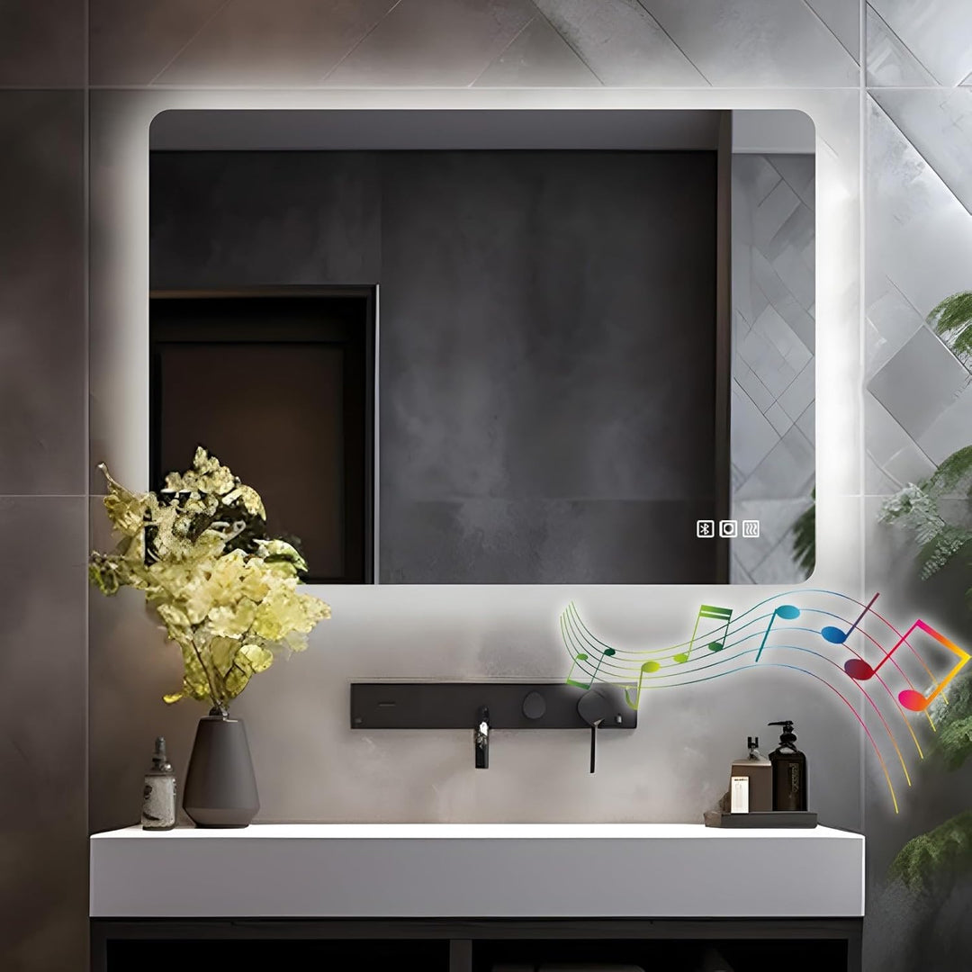 LISA Badspiegel mit Bluetooth und Steckdose 80x60 cm, LED Badezimmerspiegel mit Beleuchtung Dimmbar