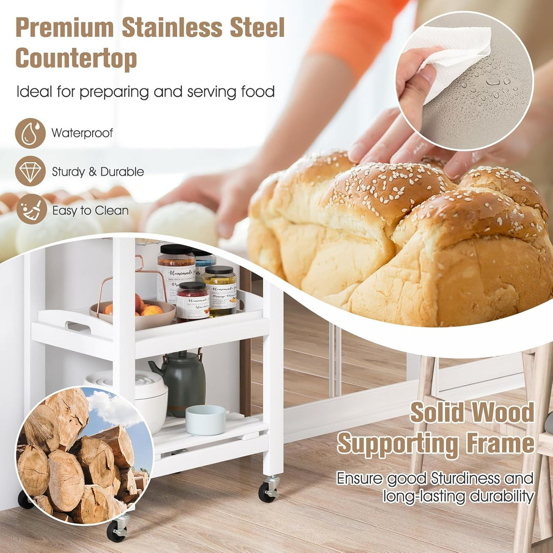 KOMFOTTEU Servierwagen mit Edelstahl Arbeitsplatte, Küchenwagen Klein, Rollwagen mit Schublade & Abl
