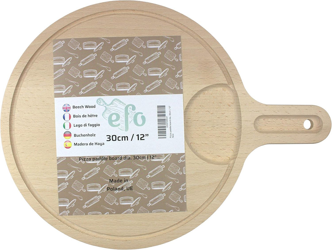 EFO Pizzabrett 30 cm | Pizzateller Holz aus massivem Buchenholz für Pizzaofen und Grill | Schneidebr