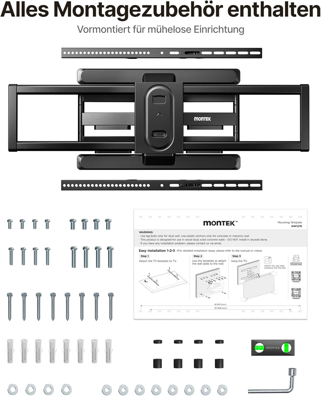 monTEK TV Wandhalterung Schwenkbar für 43-100 Zoll Fernseher bis 60 kg, vollbewegliche Wandhalterung