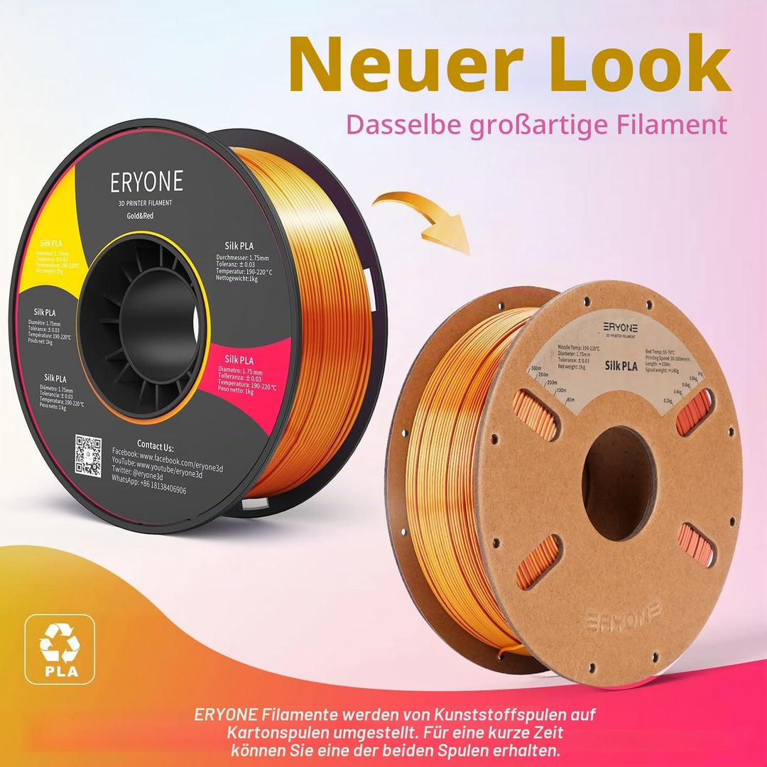 ERYONE Dual Zweifarbig PLA Filament 1.75mm, 3D Drucker Filament 1kg Spule +/- 0,03 mm, Seide Rot & G