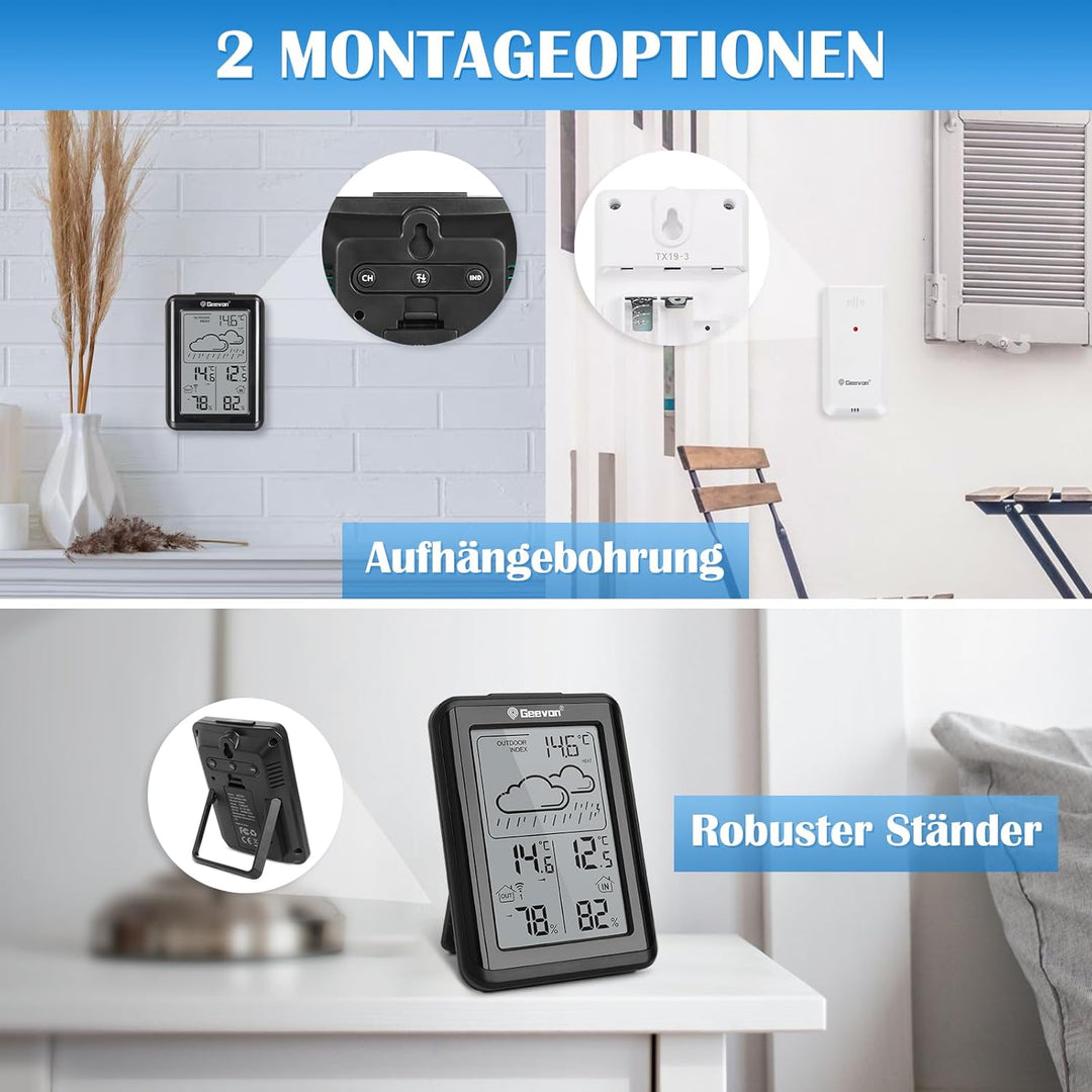 Geevon Wetterstation Funk mit Aussensensor, einfache Bedienung, präzise Wettervorhersage, zuverlässi