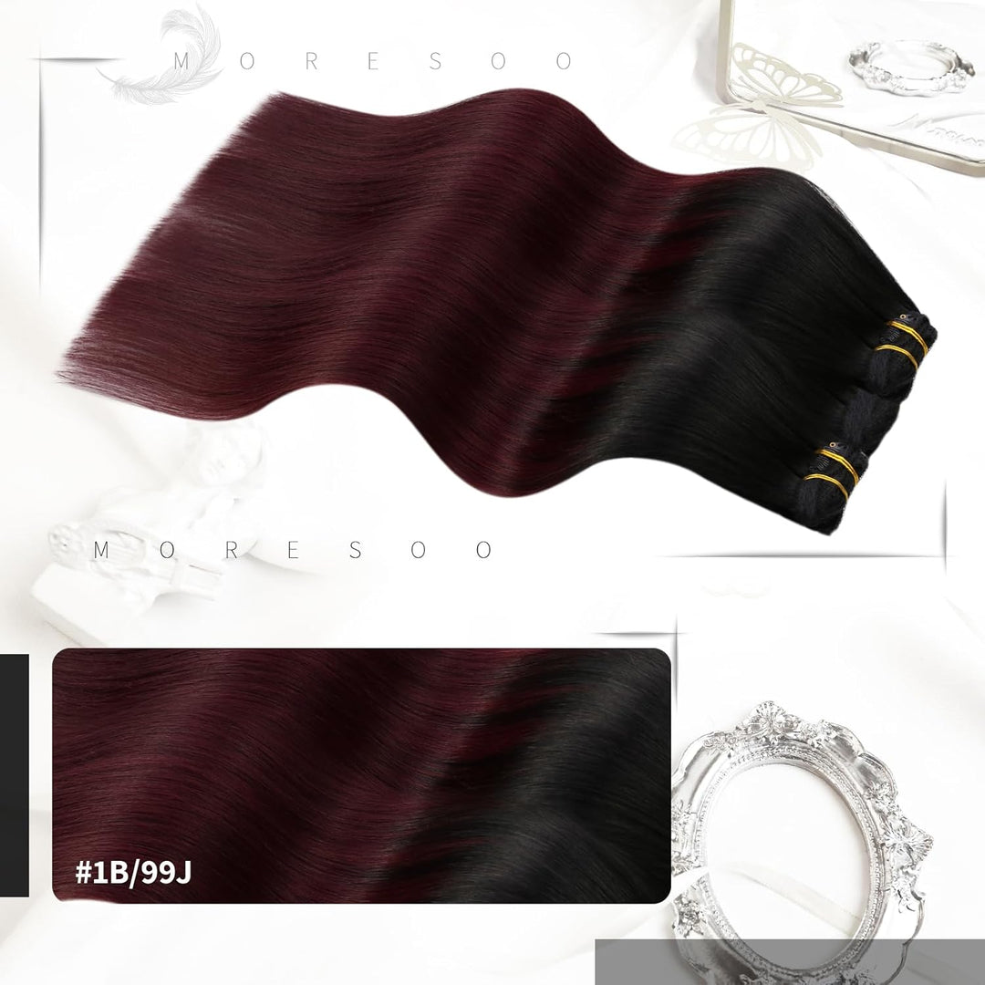 Moresoo Clip Extensions Echthaar Balayage Schwarz bis Weinrot Remy Echthaar Extensions Clip Doppelt