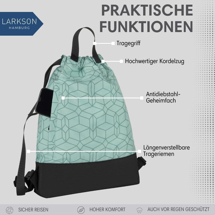 LARKSON Turnbeutel Damen &amp; Herren Mint - No 7 - Rucksack Damen für Sport und Festival - Beutel Rucks