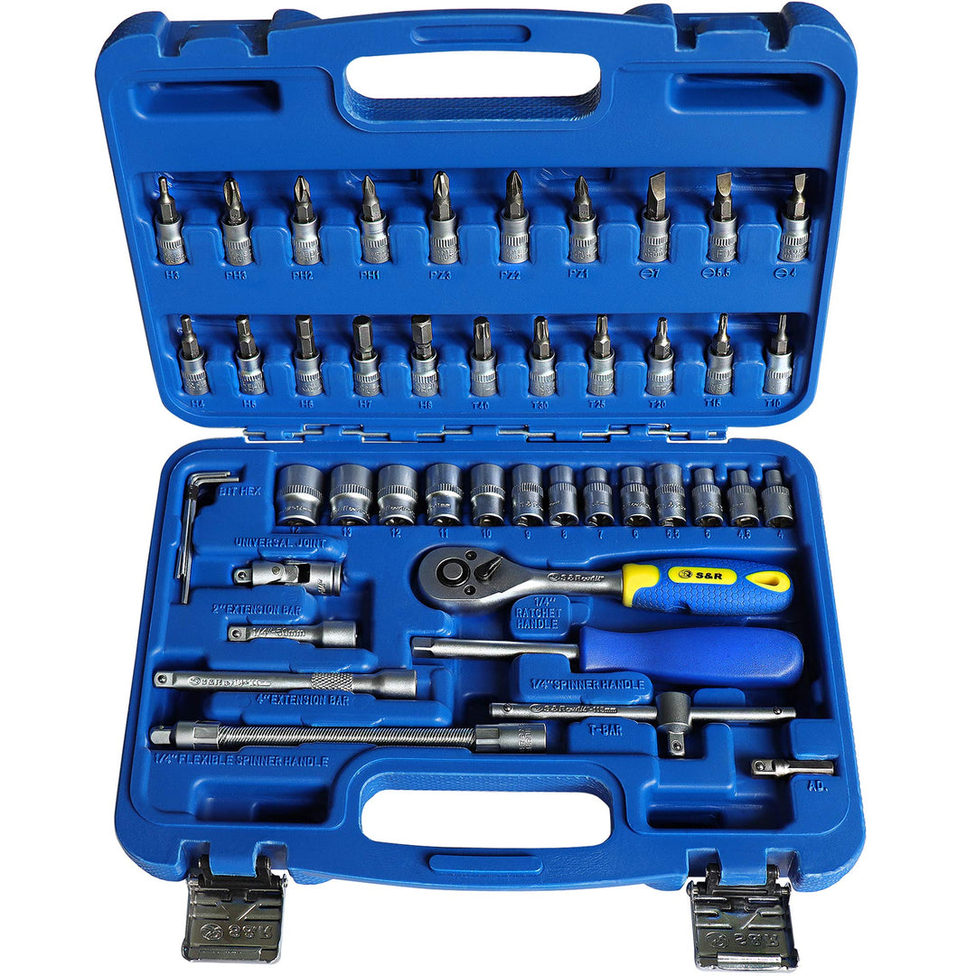 S&amp;R Steckschlüsselsatz 46-teilig 1/4" Ratschenkasten aus CHROM-VANADIUM STAHL Bit-Einsatz mit LOCK-D