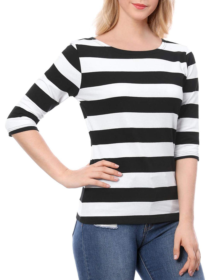 Allegra K Damen Gestreiftes Shirt U Boot Ausschnitt Halbarm Party Ferien Streifen Top Bluse S Schwar