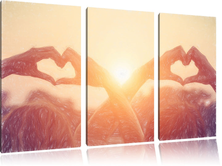 Pixxprint Zwei Mädchen Zeigen Herzmotiv bei Sonnenuntergang Kunst Buntstift Effekt 3-Teiler Leinwand