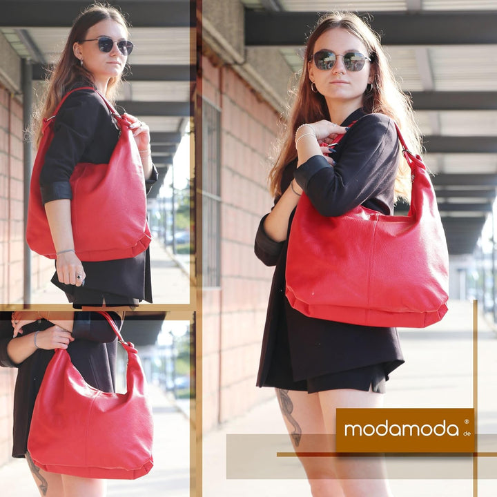 modamoda de 337 Damen Leder Schultertasche Shopper Large handmade in Italy Blauviolett-metallic, Bla