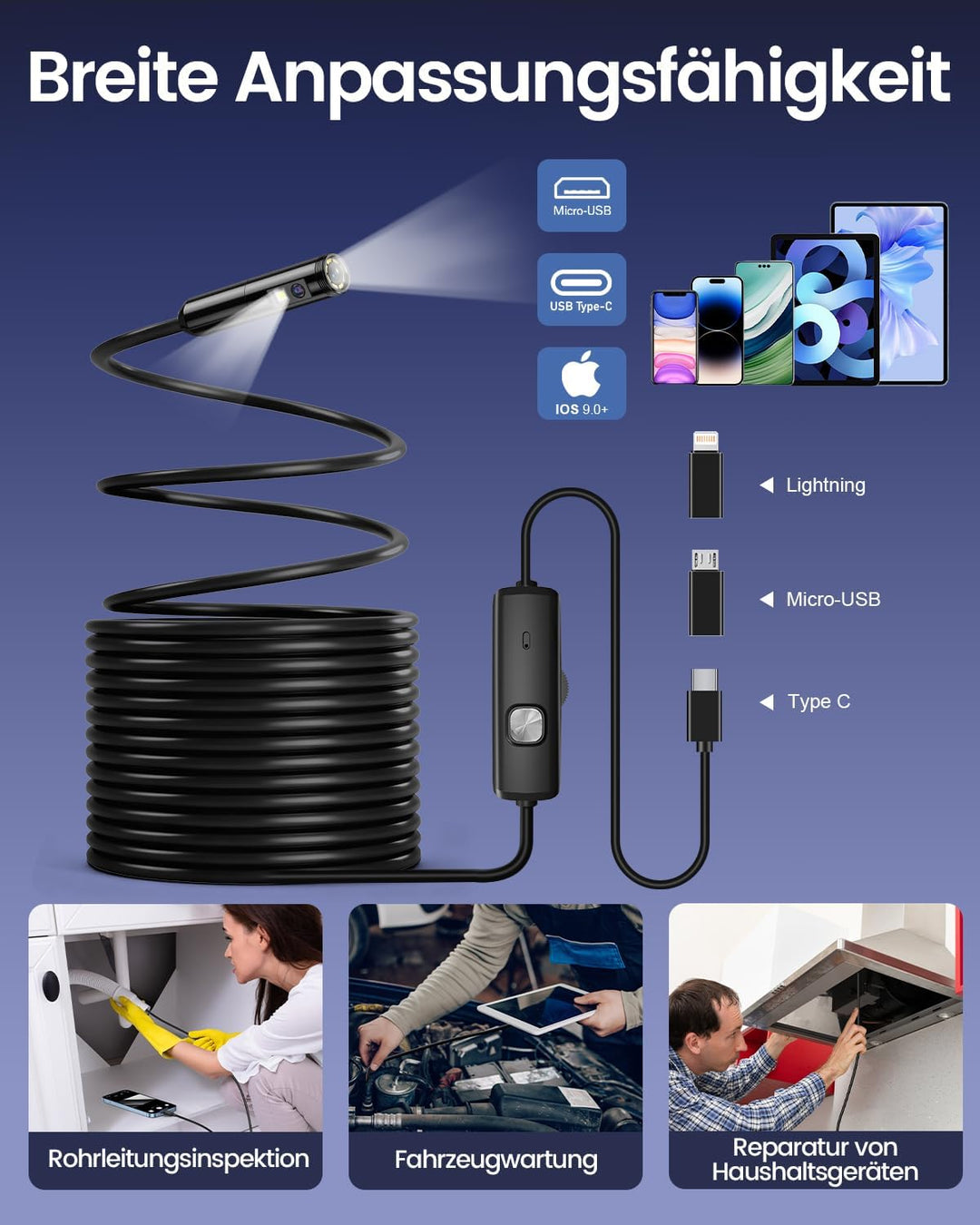 Endoskopkamera mit Licht, 1920P HD Doppellinse Inspektionskamera Handy mit 8 LED, Kein WLAN Endoskop