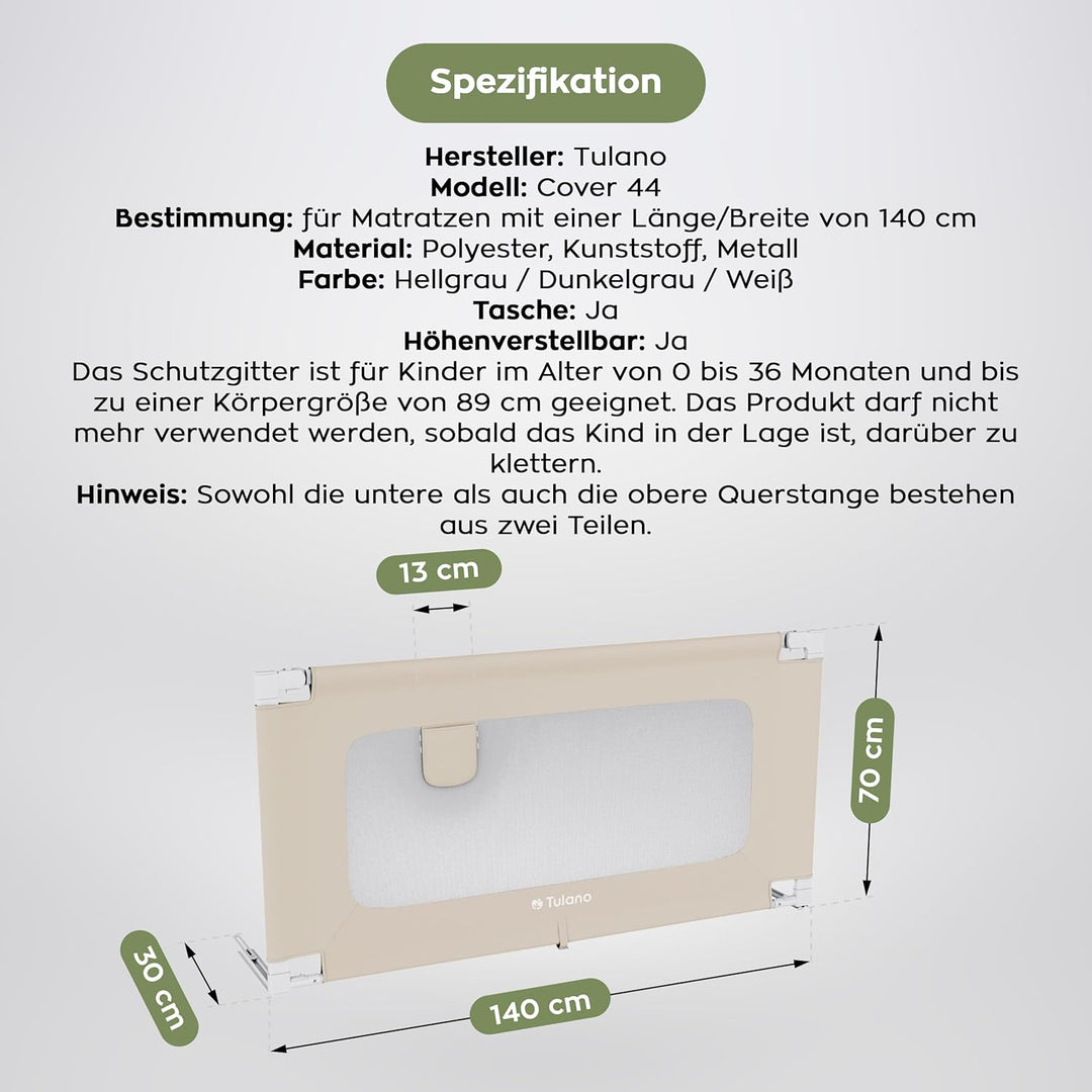 TULANO Cover 44, Bettgitter Kinderbett, Sicherheitsgitter Absenkfunktion, 18-Fach höhenverstellbar,