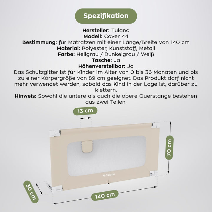 TULANO Cover 44, Bettgitter Kinderbett, Sicherheitsgitter Absenkfunktion, 18-Fach höhenverstellbar,