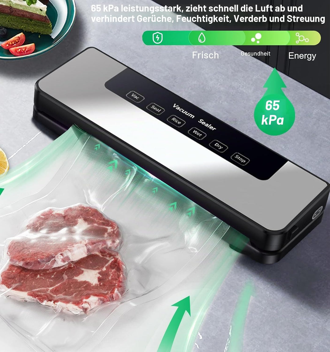 5-in-1 Vakuumiergerät für Lebensmittel mit starker Saugkraft (65 kPa), 30 mm langem Verschluss für d