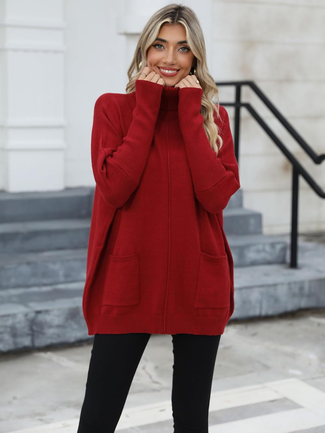 Famulily Basic Dicke Warm Herbst Winter Fledermausärmel Strick Damen Rollkragenpullover Mit Taschen