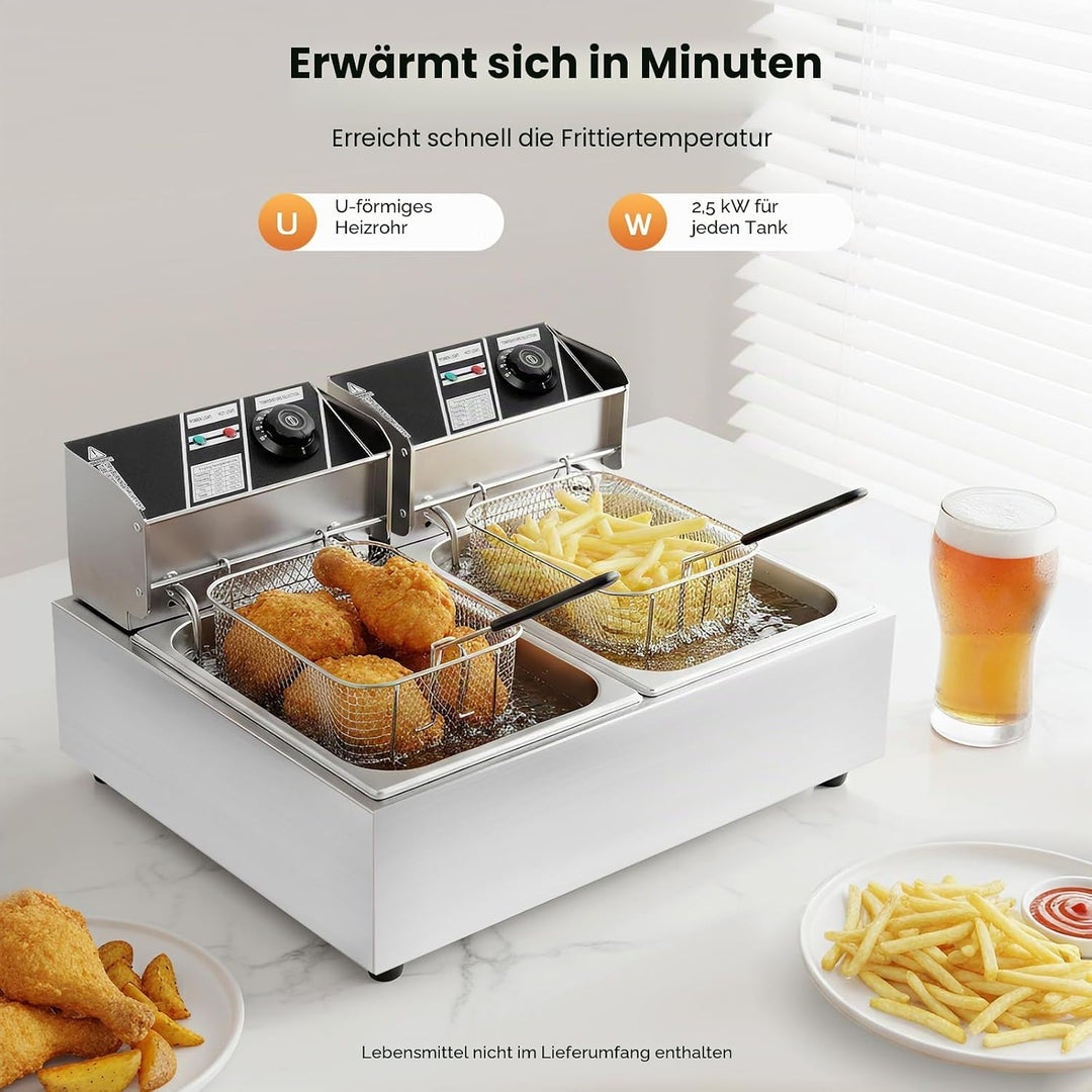 5000 Watt Elektrofritteuse Edelstahl Doppeldecker 12 Liter Fritteuse mit abnehmbarem Korb für Küchen