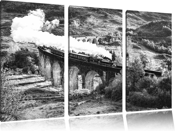 Pixxprint Dampflokomotive / 3-Teilig/Gesamtmass 120cm Leinwandbild bespannt auf Holzrahmen/Wandbild