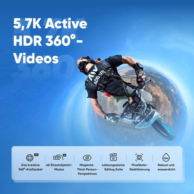 Insta360 X3 Motorrad-Bundle - wasserdichte 360°-Actionkamera mit 1/2"-Sensor, 5,7K 360°, 72MP 360°-F