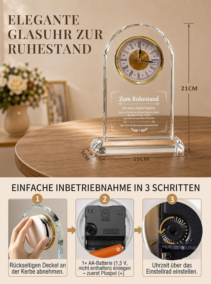 Ruhestand Geschenk Frau &amp; Mann - Glas Tischuhr mit Lasergravur | Pension Abschiedsgeschenk für Rentn