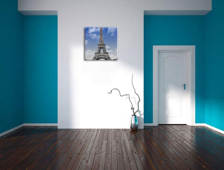 Pixxprint Eifelturm mit blauem Himmel Paris schwarz/weiss, Format: 70x70 auf Leinwand, 70x70
