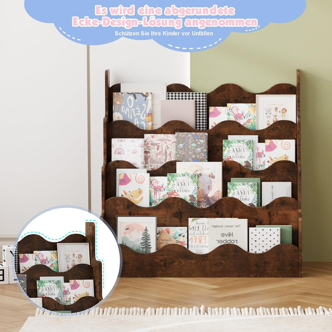 Kinder Bücherregal aus Kieferholz, Montessori Kinderregal mit 4 Ablagen, für Kinderzimmer Spielzimme
