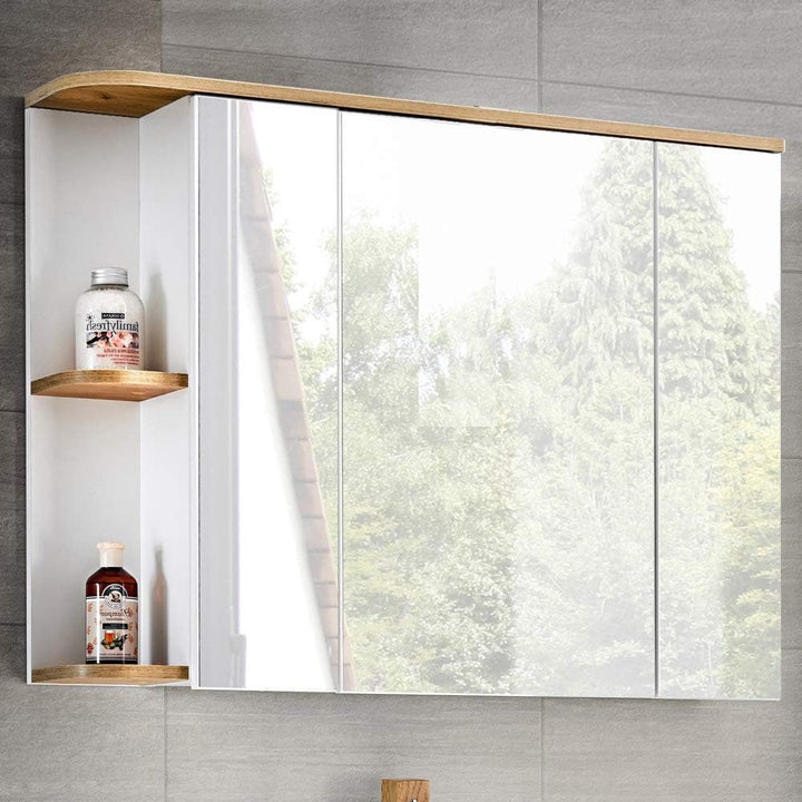 Lomadox Spiegelschrank in weiss mit Wotaneiche, 3D-Spiegeltüren, B x H x T ca. 94 x 71 x 20 cm