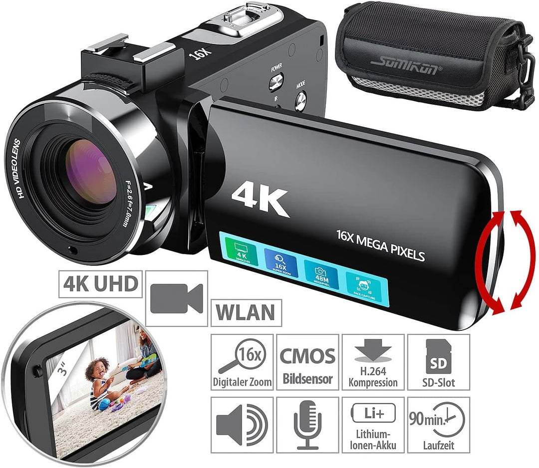 Somikon Videokamera 4K: 4K-UHD-Camcorder mit 16-fachem Zoom, WLAN, Full-HD mit 60 B./Sek. (HD Kamera