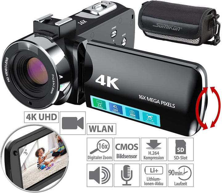 Somikon Videokamera 4K: 4K-UHD-Camcorder mit 16-fachem Zoom, WLAN, Full-HD mit 60 B./Sek. (HD Kamera