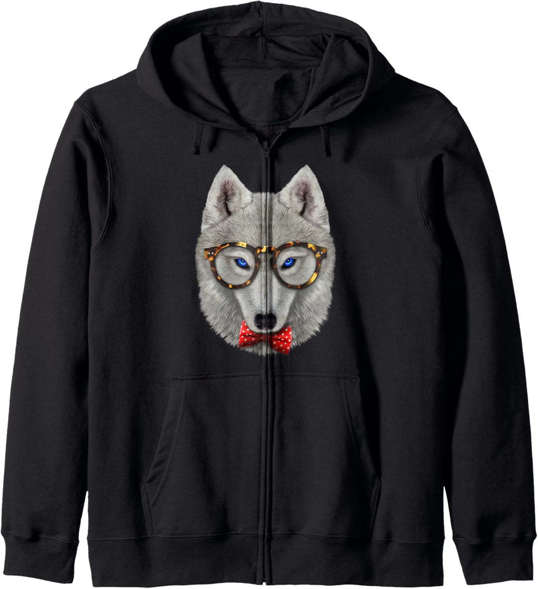 Polares Wolf, die klassische Brille und Fliege trägt Kapuzenjacke