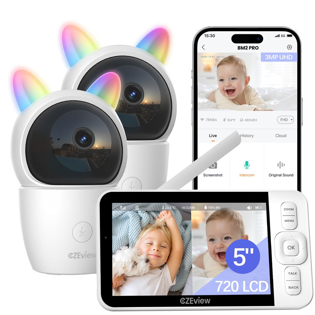 CZEview Babyphone mit 2 Kameras und APP, 2K/5,0 Zoll WLAN Babyfon mit Split-Screen, PTZ 360°, 4× Zoo