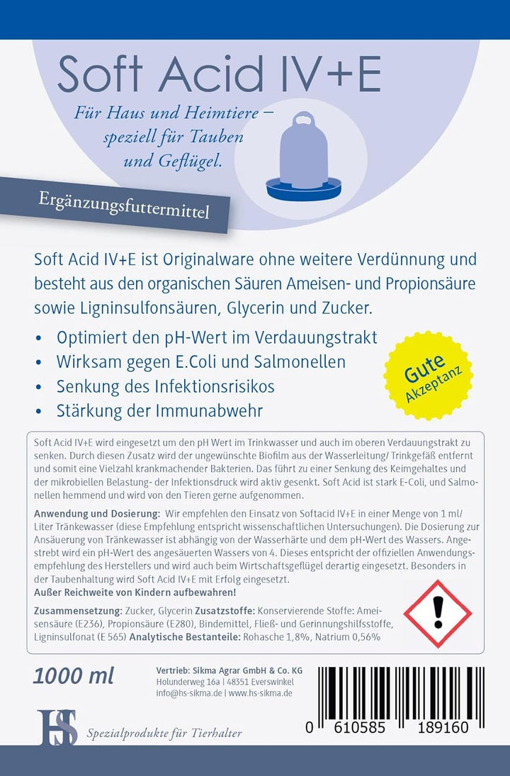 H&S Soft Acid IV+E 1000ml - Trinkwasserzusatz u.a. gegen E.Coli und Salmonellen bei Geflügel & Taube
