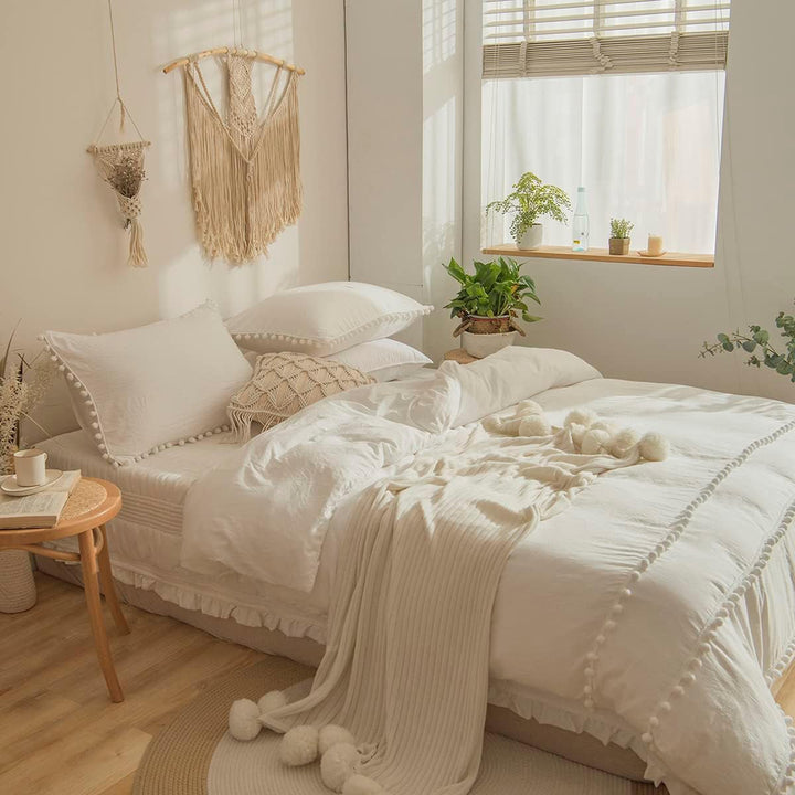 Freyamy Böhmen Bettwäsche 200x220cm 3teilig Weiss Pom Pom Boho Chic Bettwäsche Gewaschene Microfaser