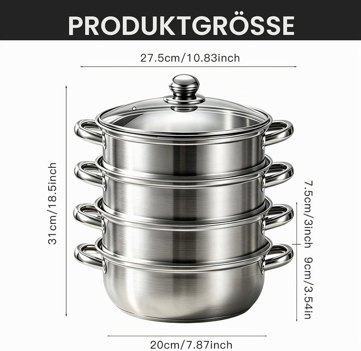 Dampfgarer zum Kochen, Edelstahl-Dampfgarer mit Dämpfeinsatz | 4-stöckiges 28cm Kochgeschirr mit Dec