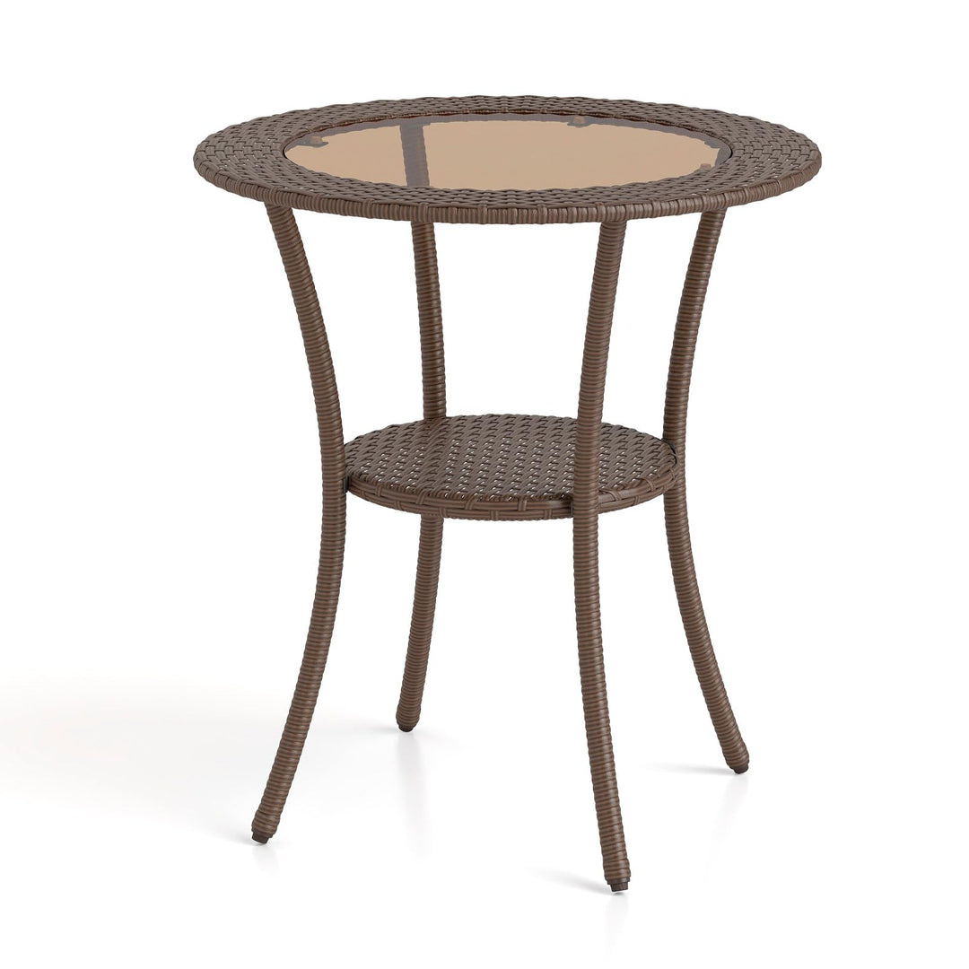 GIANTEX Rattan Bistrotisch Gartentisch, Balkontisch rund Couchtisch 2 Ebenen, Glastisch Terrassentis