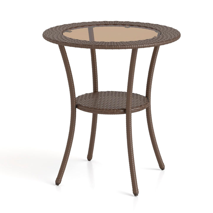 GIANTEX Rattan Bistrotisch Gartentisch, Balkontisch rund Couchtisch 2 Ebenen, Glastisch Terrassentis