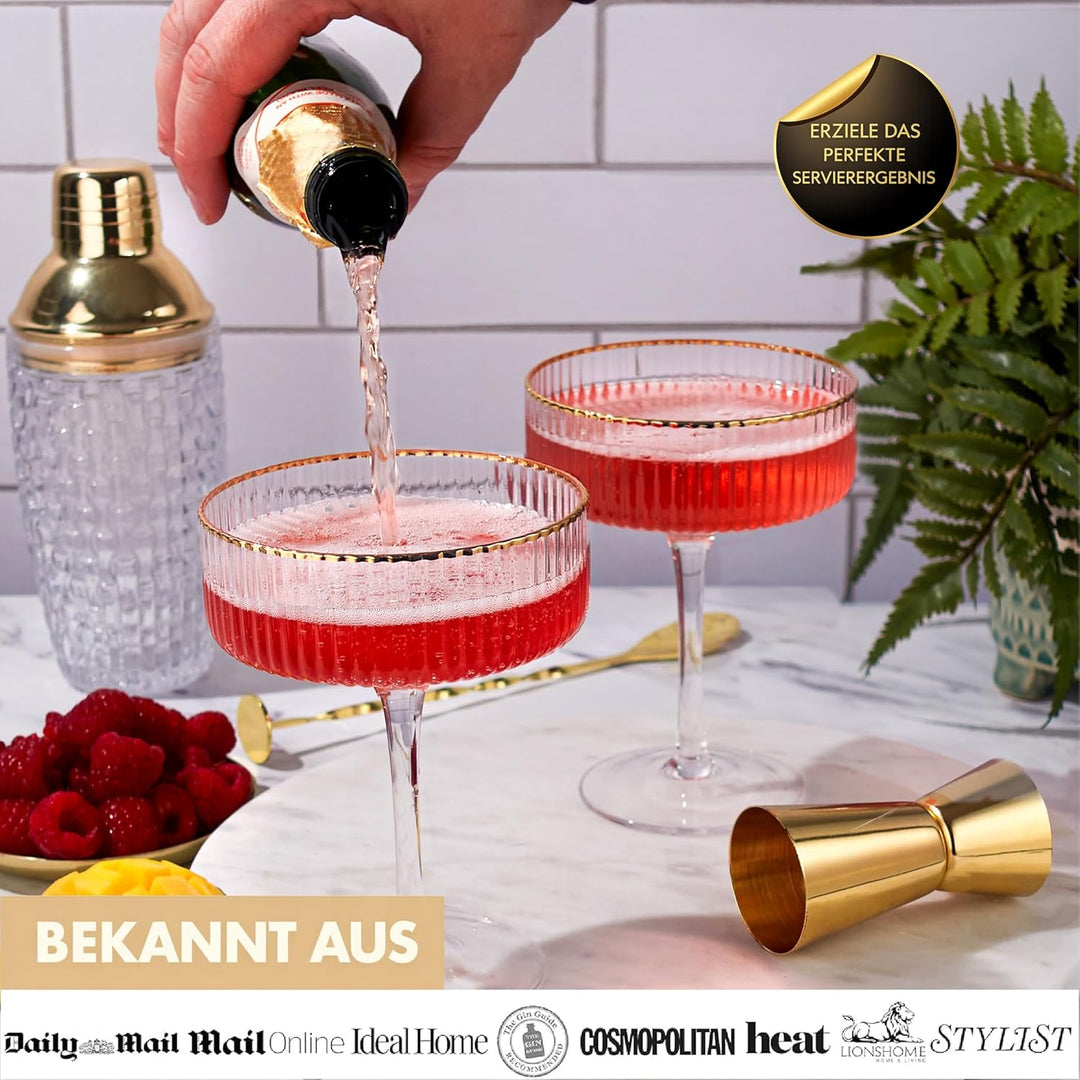Vemacity Espresso Martini Gläser 4er Set mit Goldrand & Cocktail Zubehör | Gerippte Glas | Handgefer