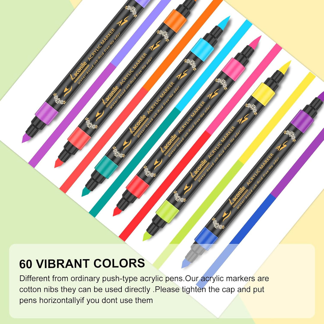 Laconile 30 Acryl Marker Stifte mit 60 Farben, Acrylstifte für Steine Wasserfest, Dual Tip Acryl Pai