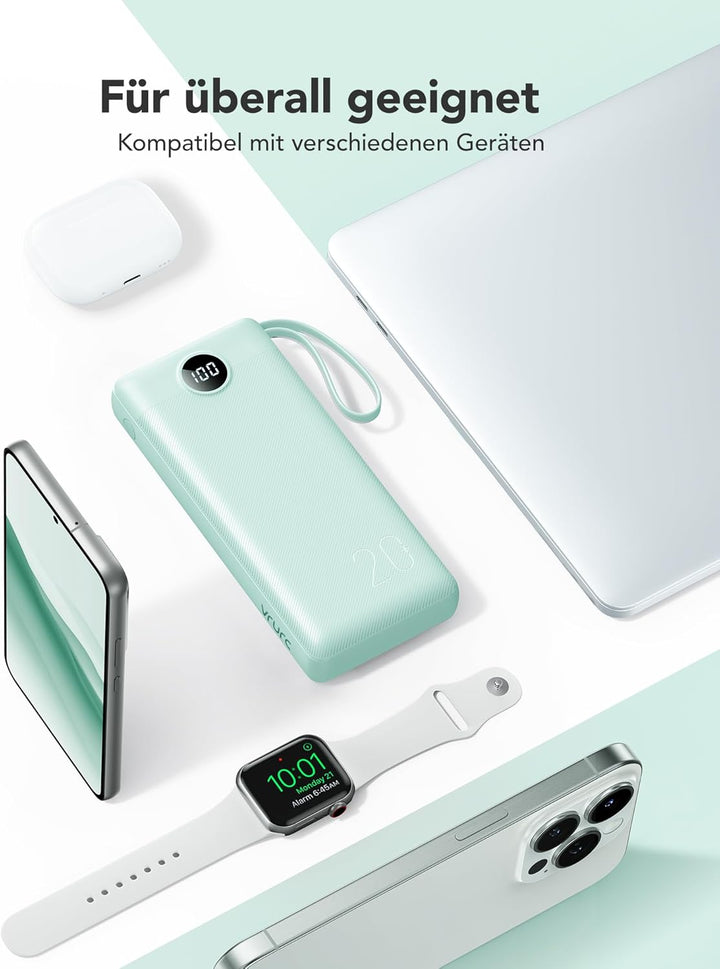 VRURC Powerbank, Power Bank 20000mAh mit Kabel USB C Schnelles Aufladen 22.5W Tragbares Ladegerät Fa