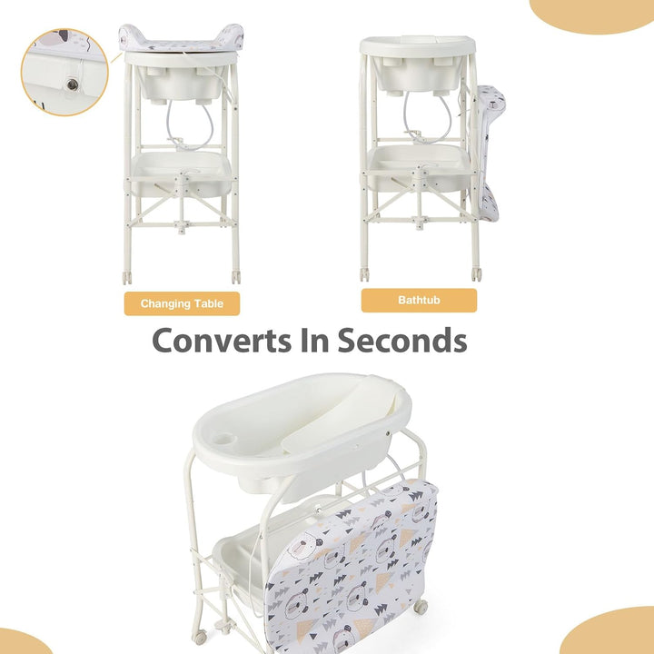 LIFEZEAL Wickeltisch mit Badewanne, 2 in 1 Flatbare Bade-Wickelkombination auf Räder, Badewannenaufs