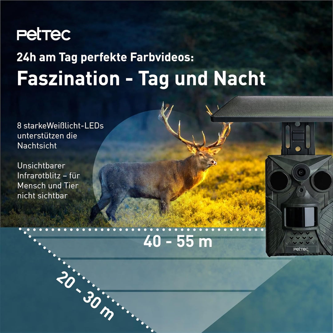 PetTec - PetCam Trail 4G Wildtierkamera mit Solar Panel und mit Nachtsicht & Bewegungsmelder - Ausse