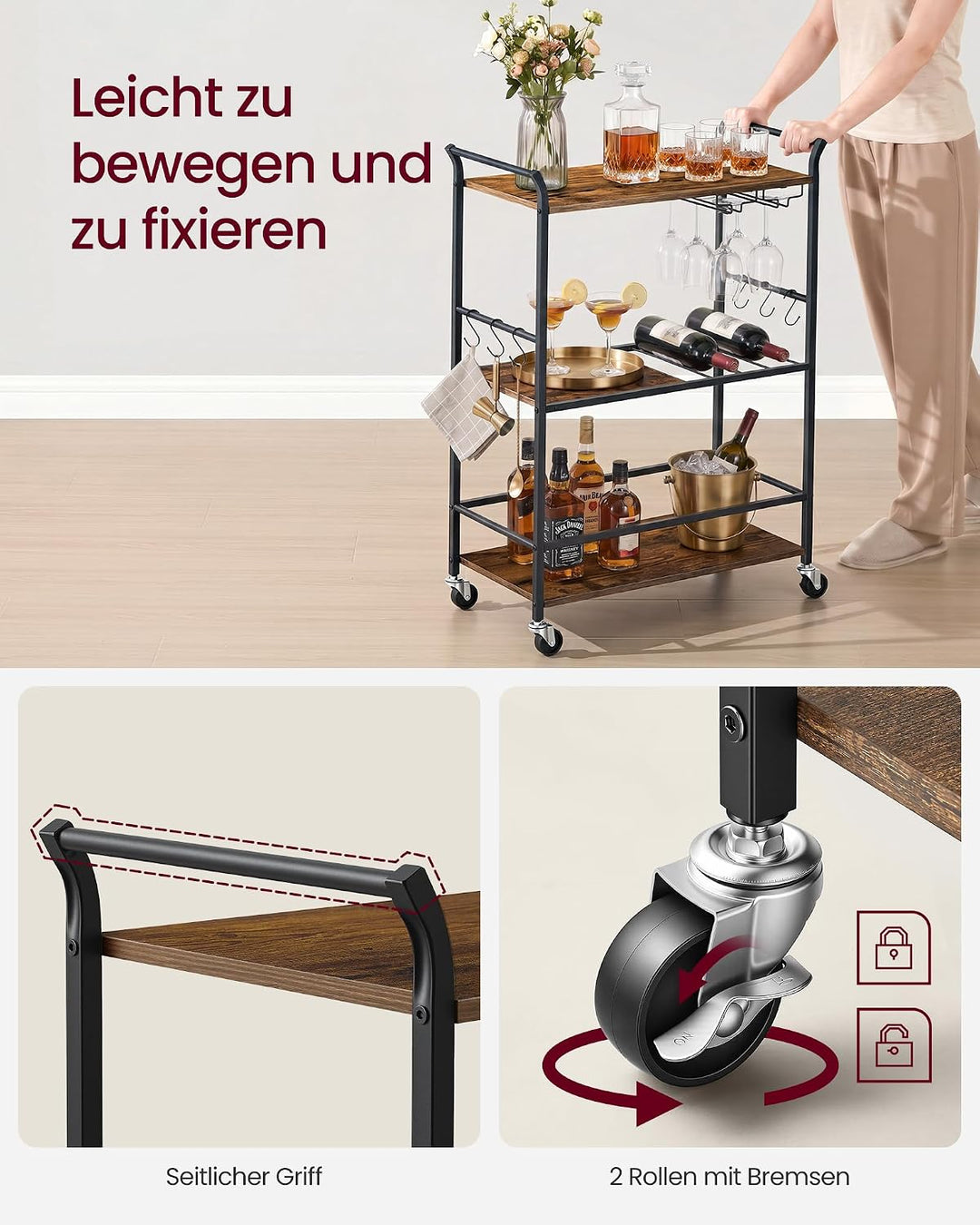 VASAGLE Servierwagen, Küchenwagen, abnehmbares Tablett, mit verstellbaren Füssen und Rollen, Küchenr