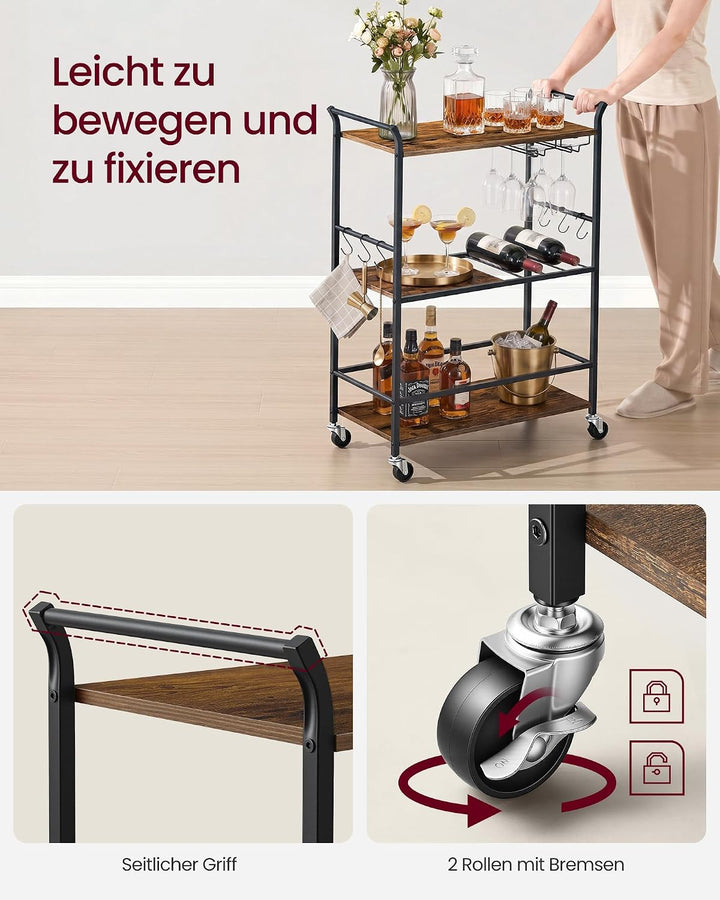VASAGLE Servierwagen, Küchenwagen, abnehmbares Tablett, mit verstellbaren Füssen und Rollen, Küchenr