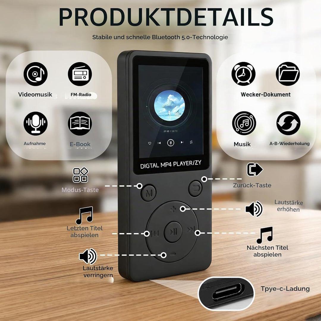 32GB MP3 Player Bluetooth 5.0 mit Lautsprecher für Sportler, 1,8" Bildschirm Musikplayer HiFi mit Vi
