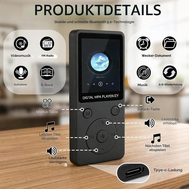 32GB MP3 Player Bluetooth 5.0 mit Lautsprecher für Sportler, 1,8" Bildschirm Musikplayer HiFi mit Vi