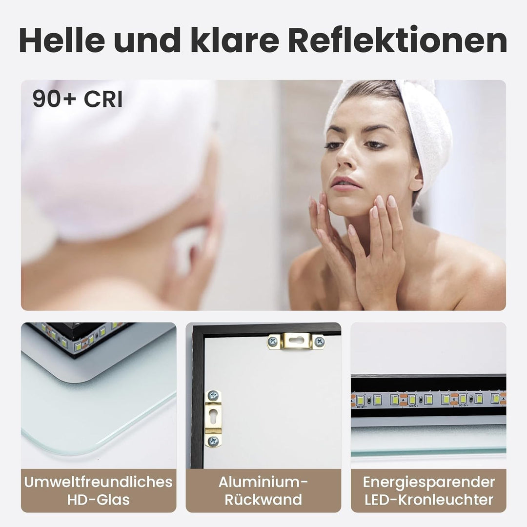 Trintion LED Badspiegel 50x70cm mit Beleuchtung, Wandspiegel mit Touch-Schalter, Energiesparender Qu