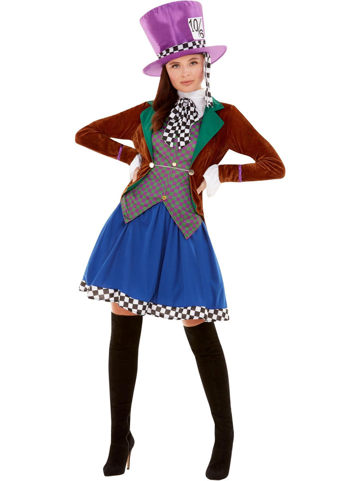 Miss Hatter Costume, Multi-Coloured, with Jacket, Attached Waistcoat, Skirt &amp; Hat (XS) XS - UK Size