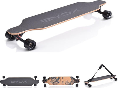 Byox Kinder Skateboard Longboard 41 Zoll, PU Rollen, ABEC-11, Gurt, bis 100 kg Schwarz, Schwarz