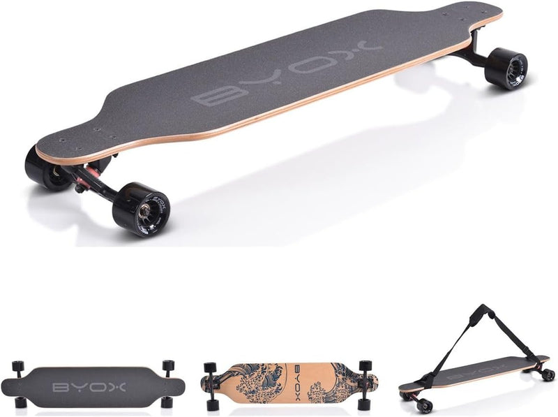 Byox Kinder Skateboard Longboard 41 Zoll, PU Rollen, ABEC-11, Gurt, bis 100 kg Schwarz, Schwarz